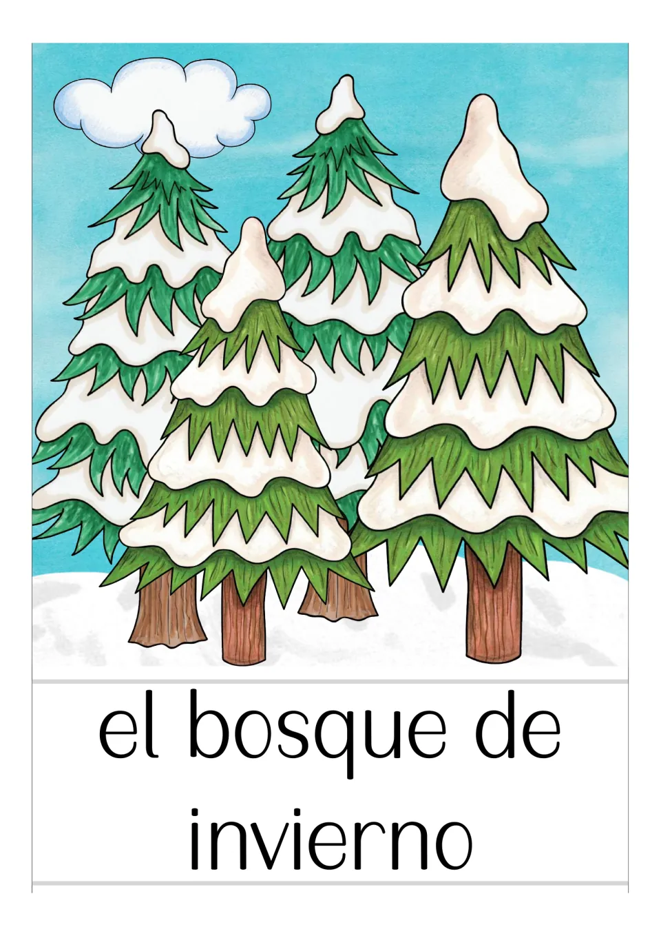 Spanish winter vocabulary card labeled 'el bosque de invierno' (winter forest), showing snow-covered trees