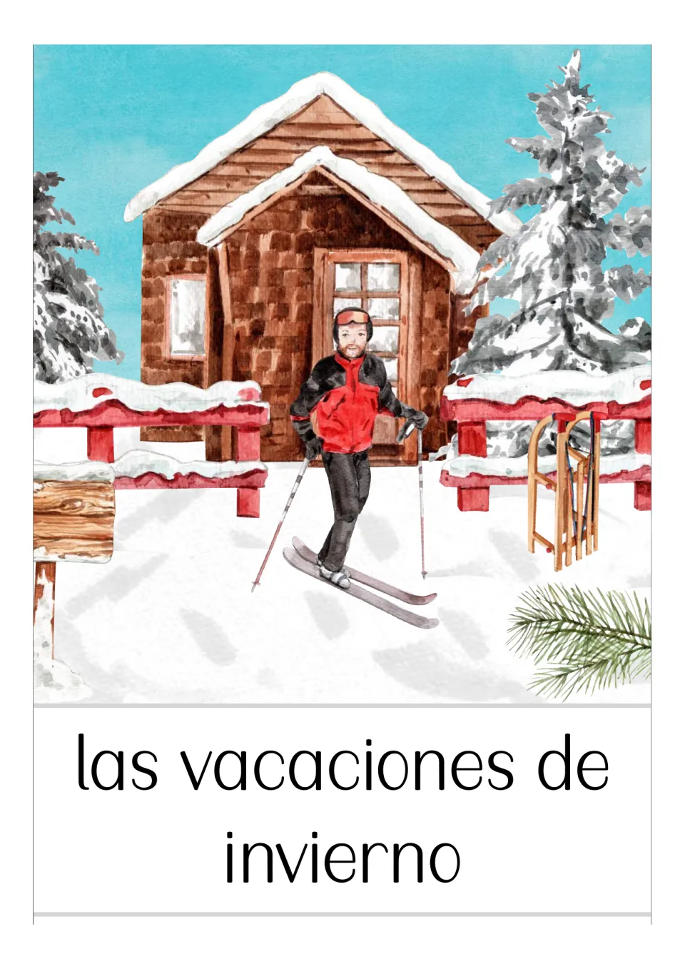 Spanish winter vocabulary card labeled 'las vacaciones de invierno' (winter vacation), with a skier