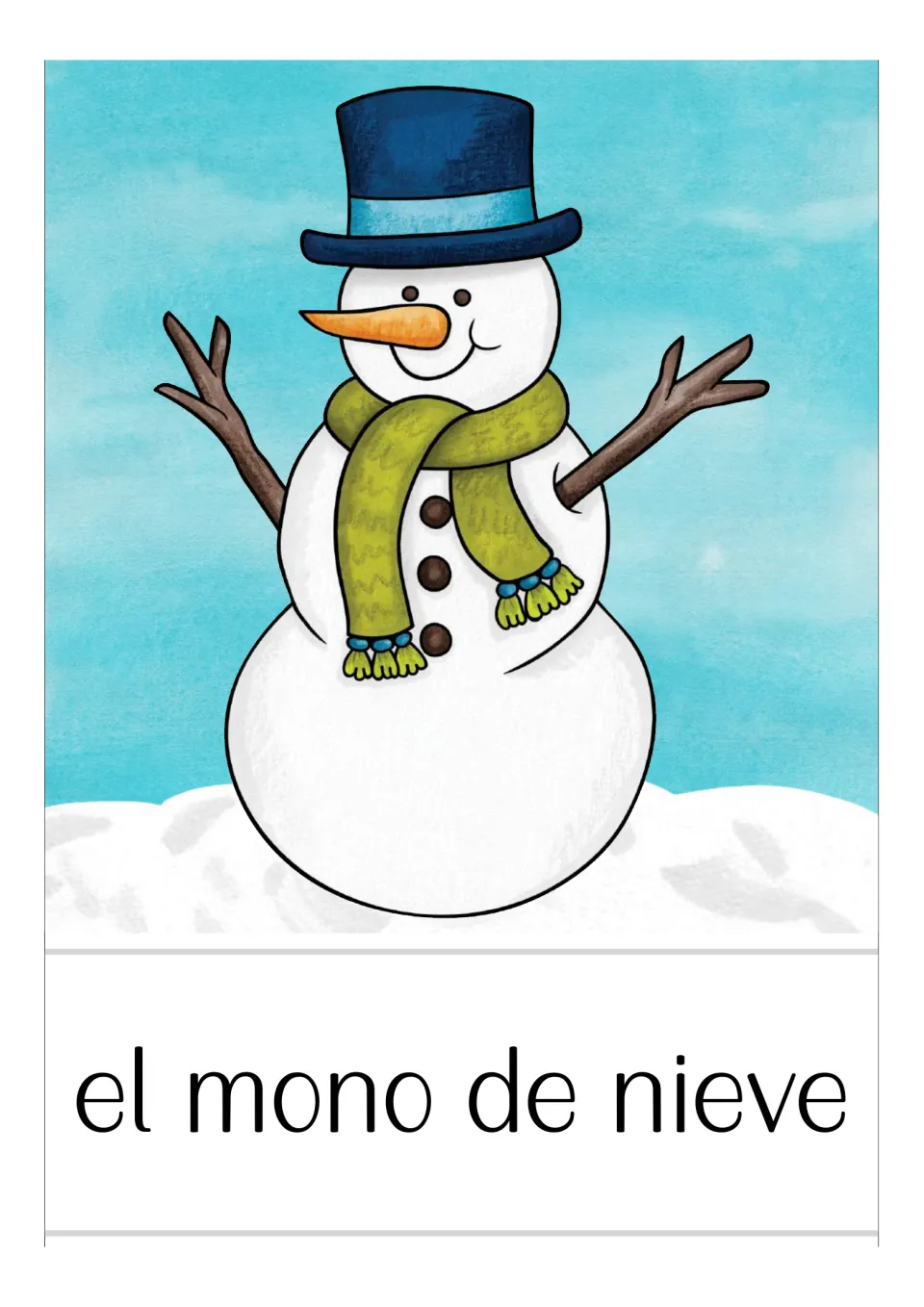 Spanish winter vocabulary card labeled 'el mono de nieve' (snowman), showing a snowman in a hat and scarf