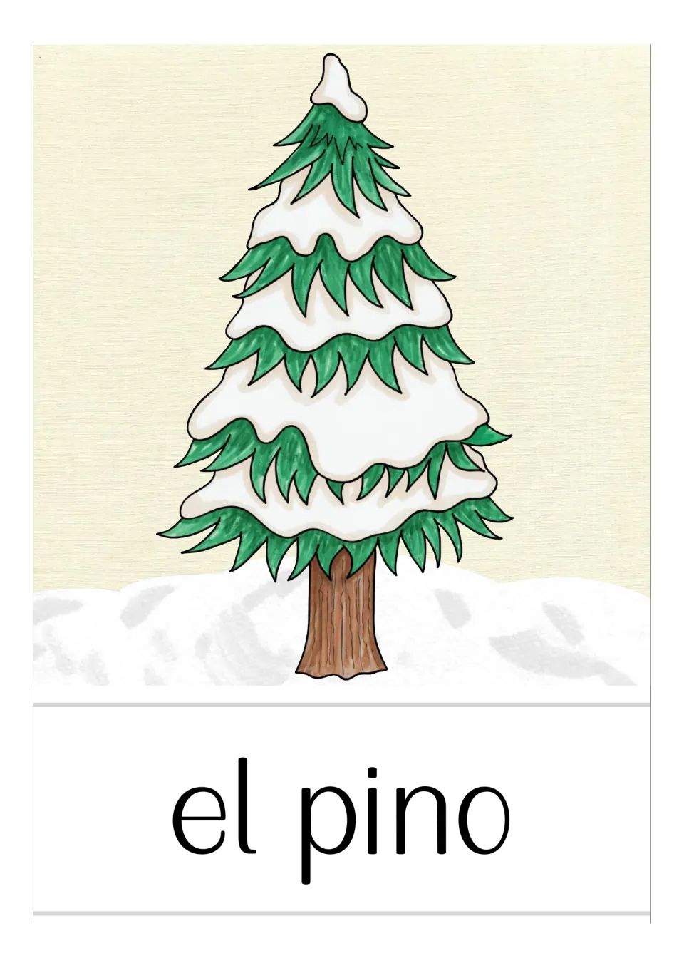 Spanish winter vocabulary card labeled 'el pino' (pine tree), showing a single pine tree covered in snow