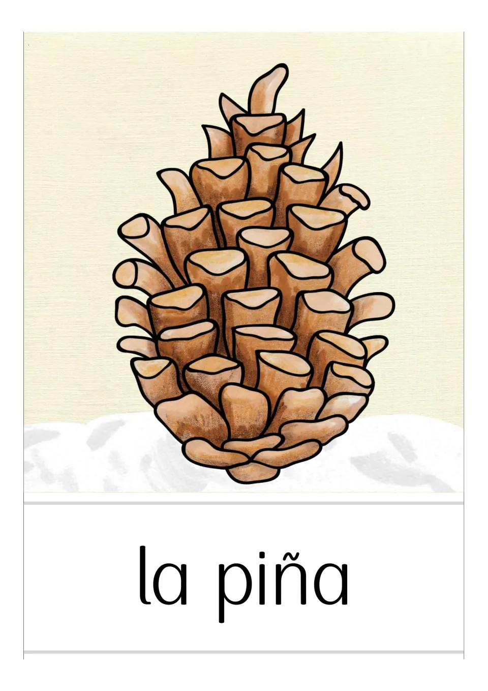 Spanish winter vocabulary card labeled 'la piña' (pine cone), showing a large brown pine cone above snow