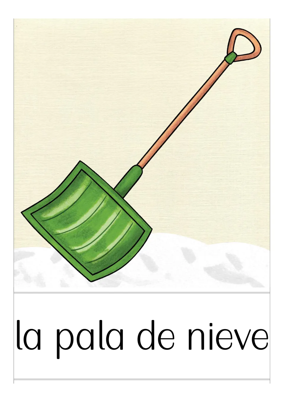 Spanish winter vocabulary card labeled 'la pala de nieve' (snow shovel), showing a green shovel in snow