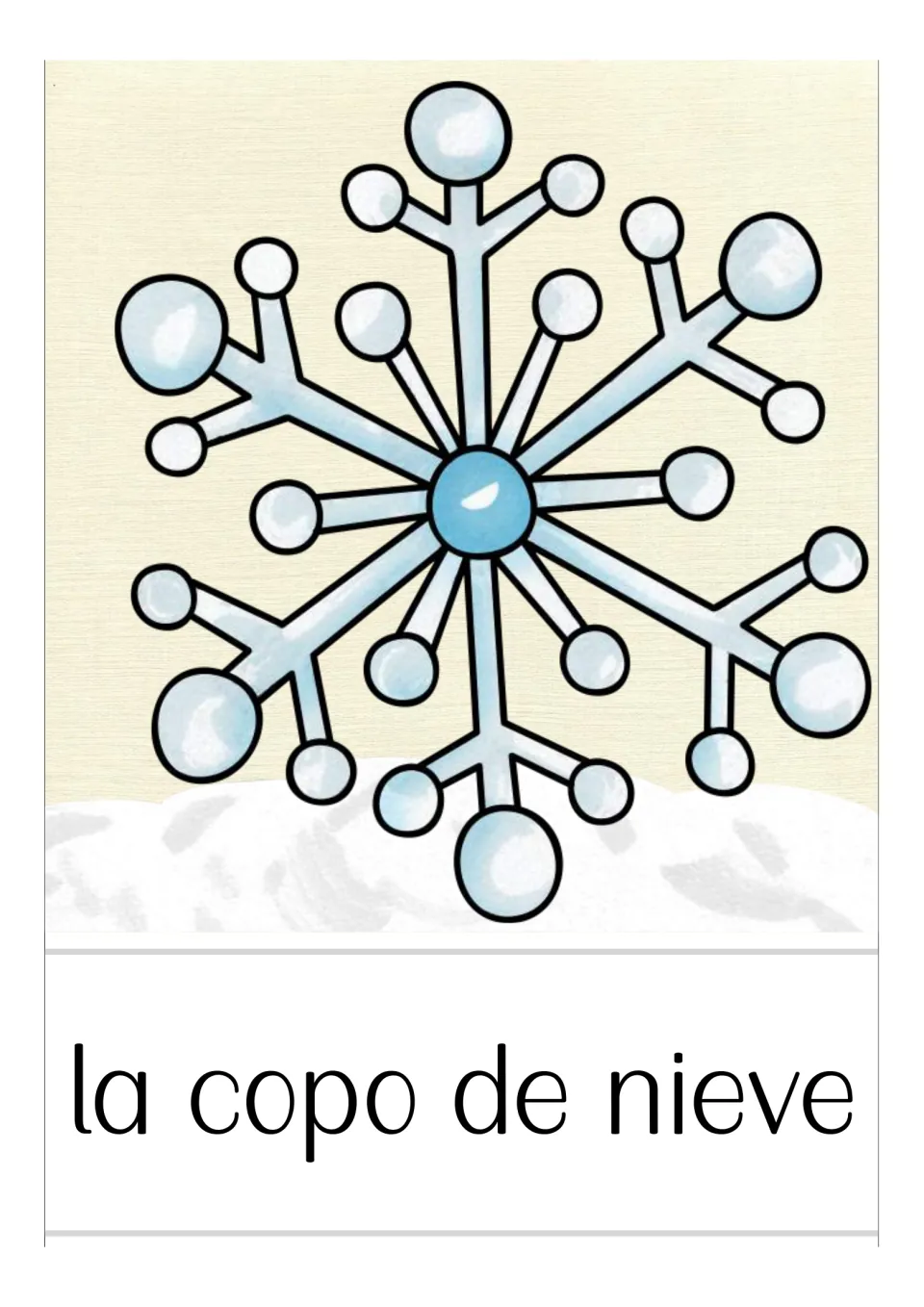Spanish winter vocabulary card labeled 'la copo de nieve' (snowflake), showing a large blue snowflake