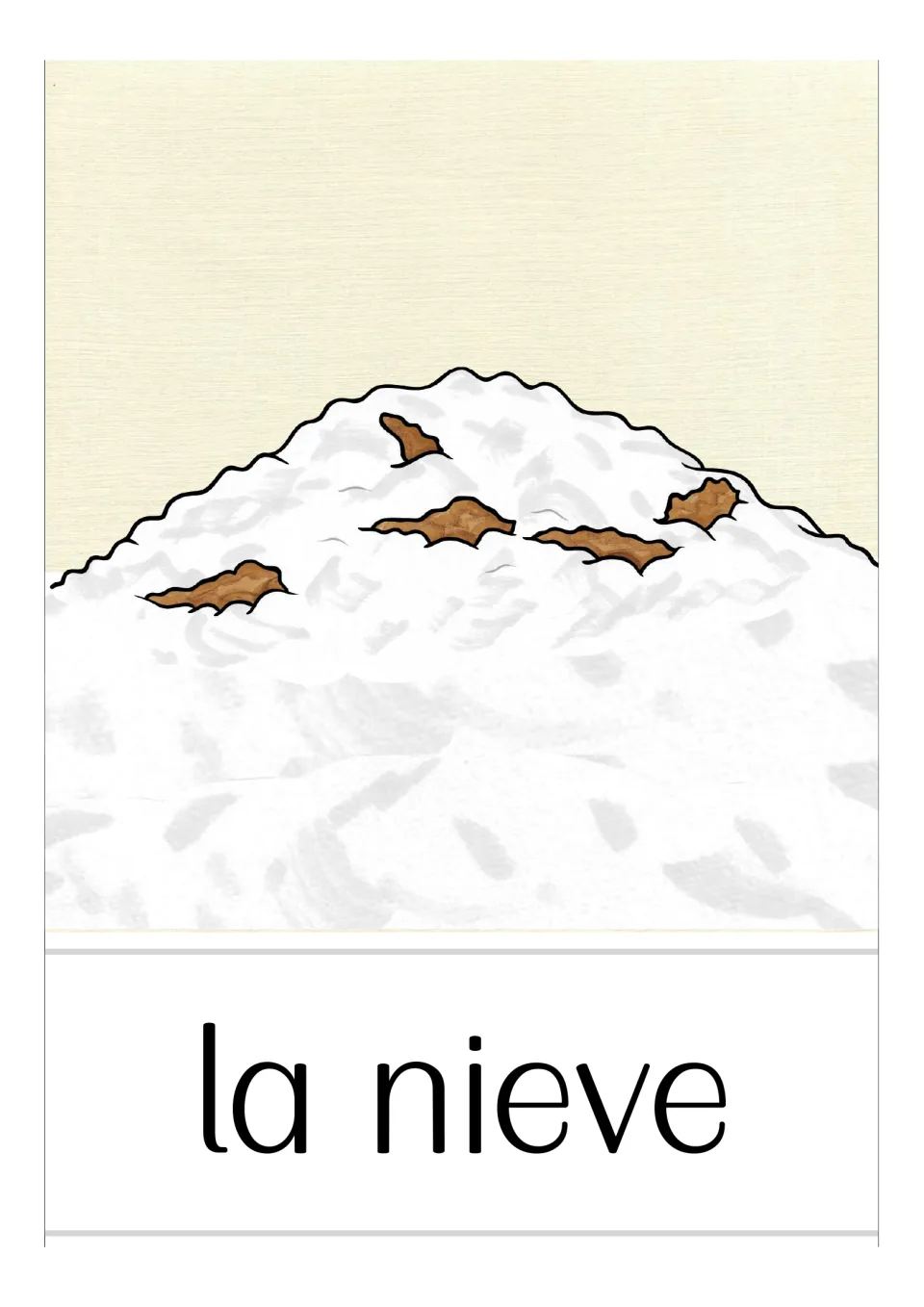 Spanish winter vocabulary card labeled 'la nieve' (snow), showing a mound of snow with brown leaves