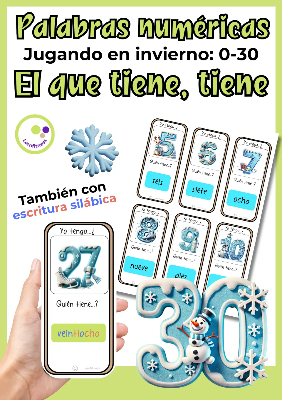 Cover of El que tiene, tiene: winter number word cards 0-30 in Spanish, also with syllable coloring, shown as sample cards
