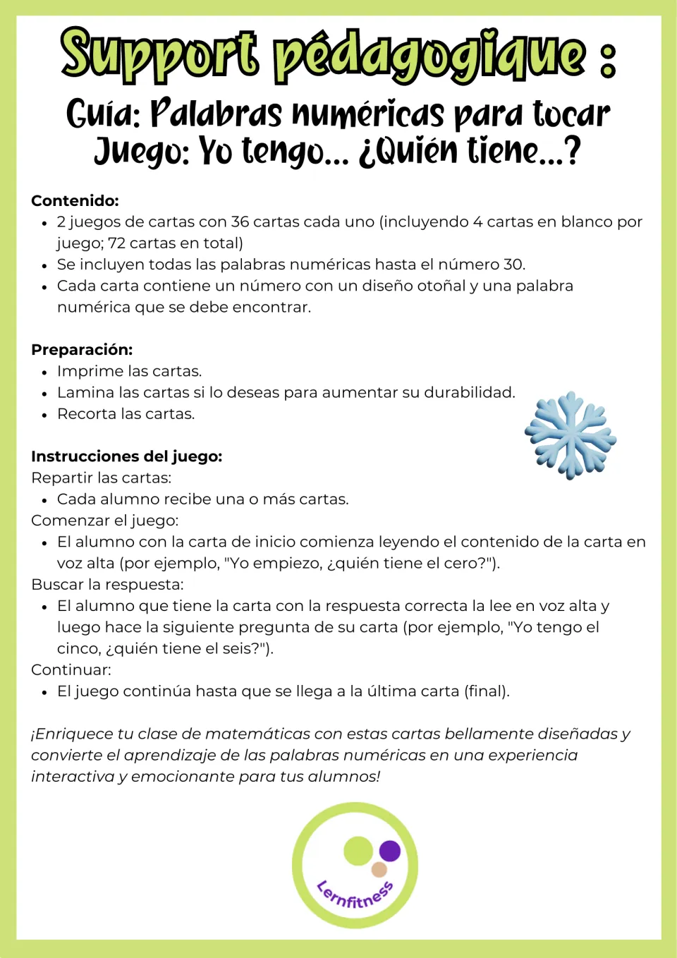 Teacher guide in Spanish: 2 sets of 36 cards, prep steps, and rules for reading Yo tengo... ¿Quién tiene...? aloud in turn