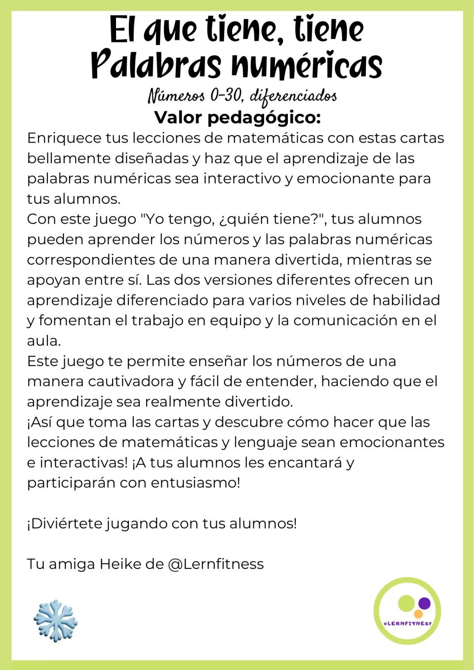 Author note in Spanish on the Valor pedagógico of the number word game, with two versions for different skill levels