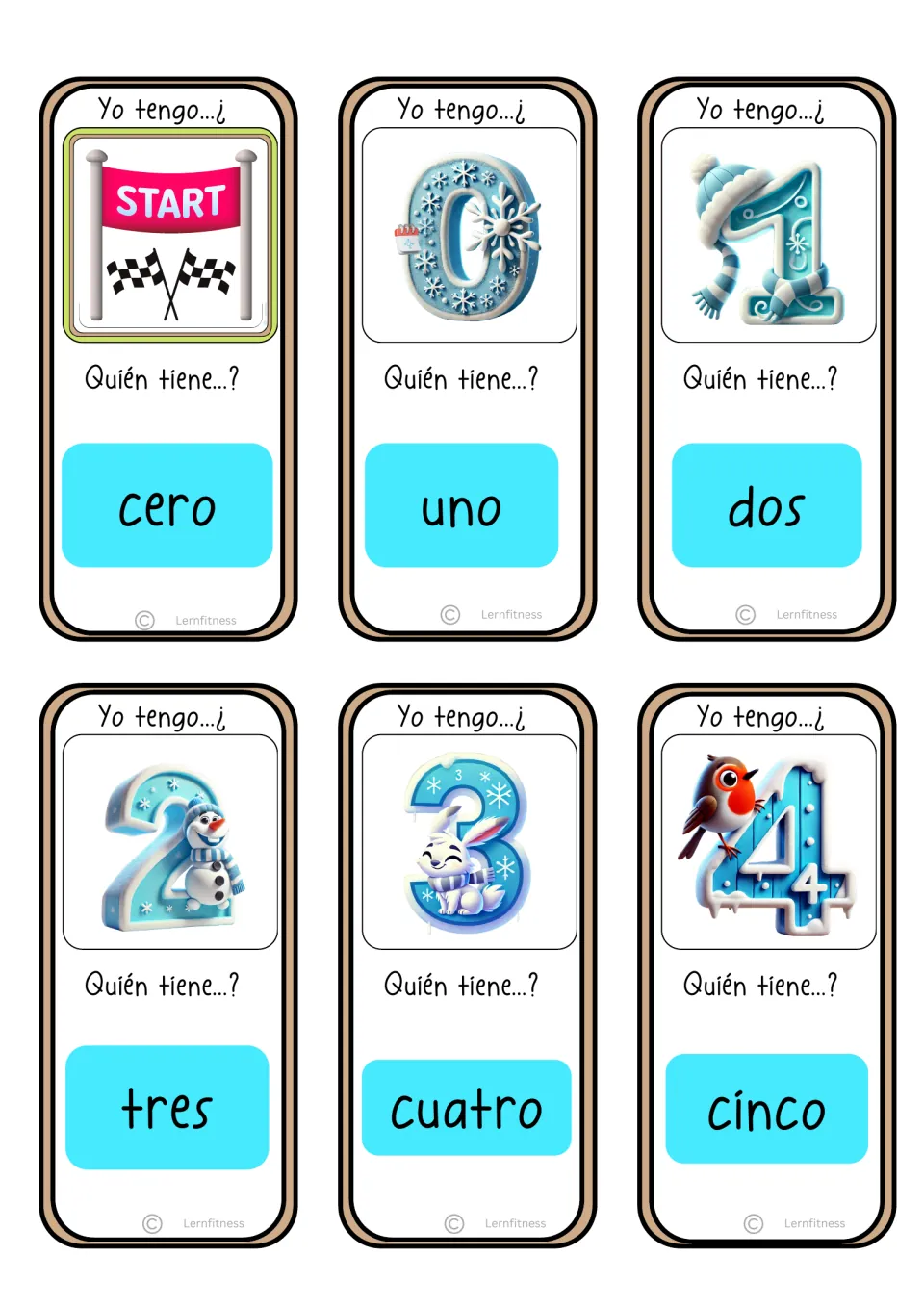 Game cards: START card asks for cero, then winter numerals 0 to 4 each ask ¿Quién tiene? for the next word, uno to cinco