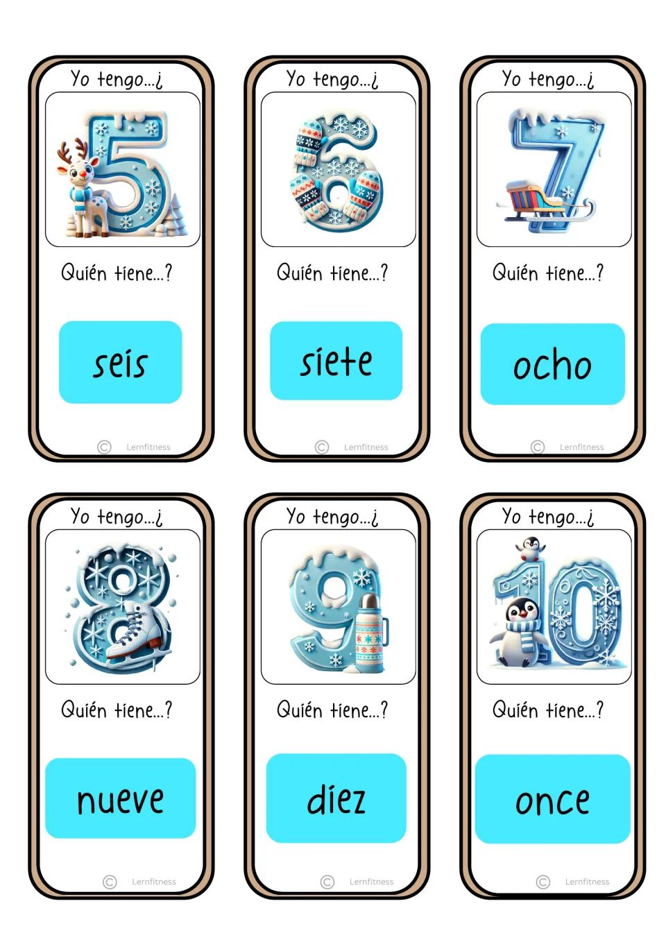Game cards for numerals 5 to 10 with reindeer, mittens, sled and penguin art, asking for the words seis through once