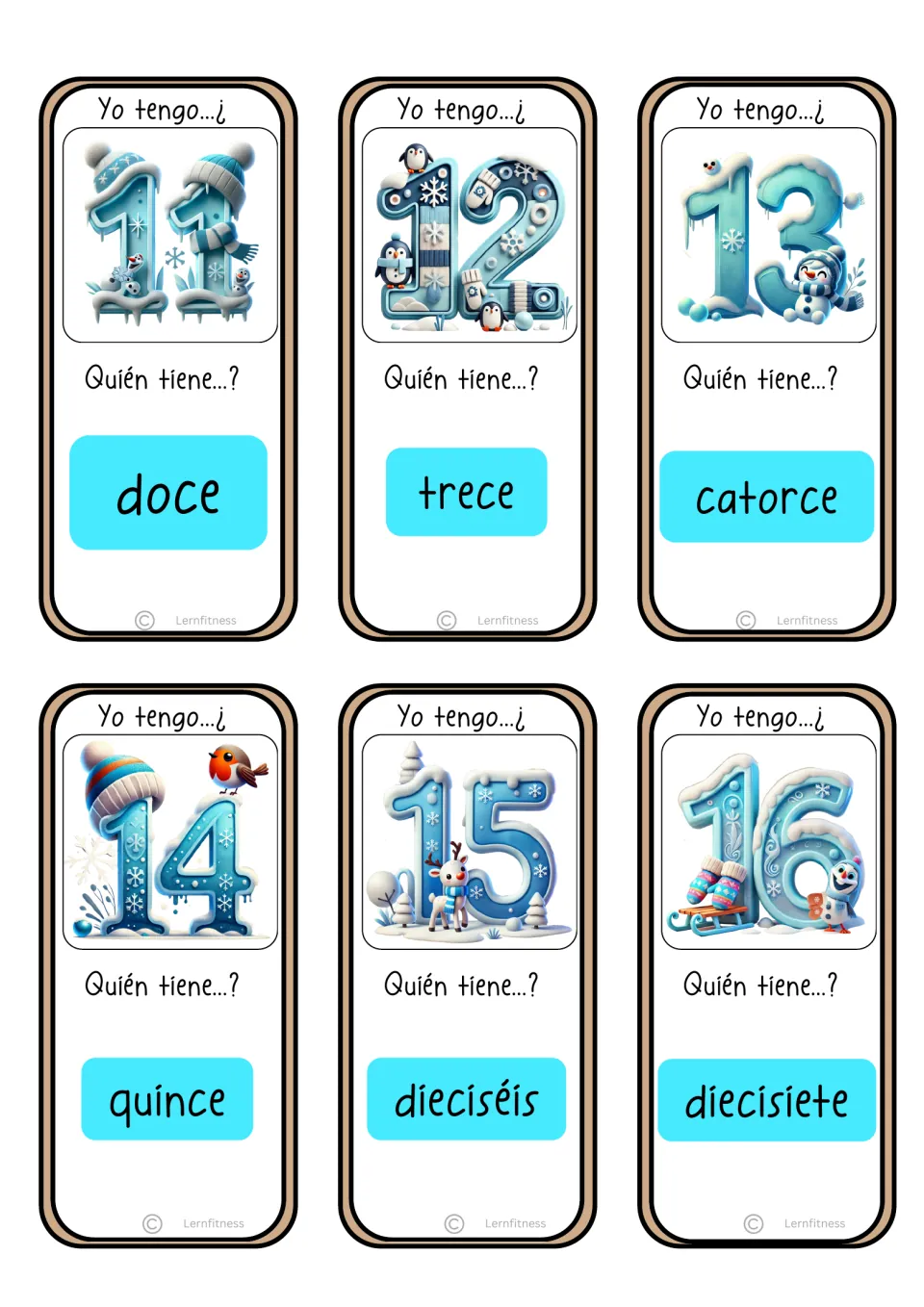 Game cards for numerals 11 to 16 in snowy lettering, each card asking who has the next word, doce through diecisiete