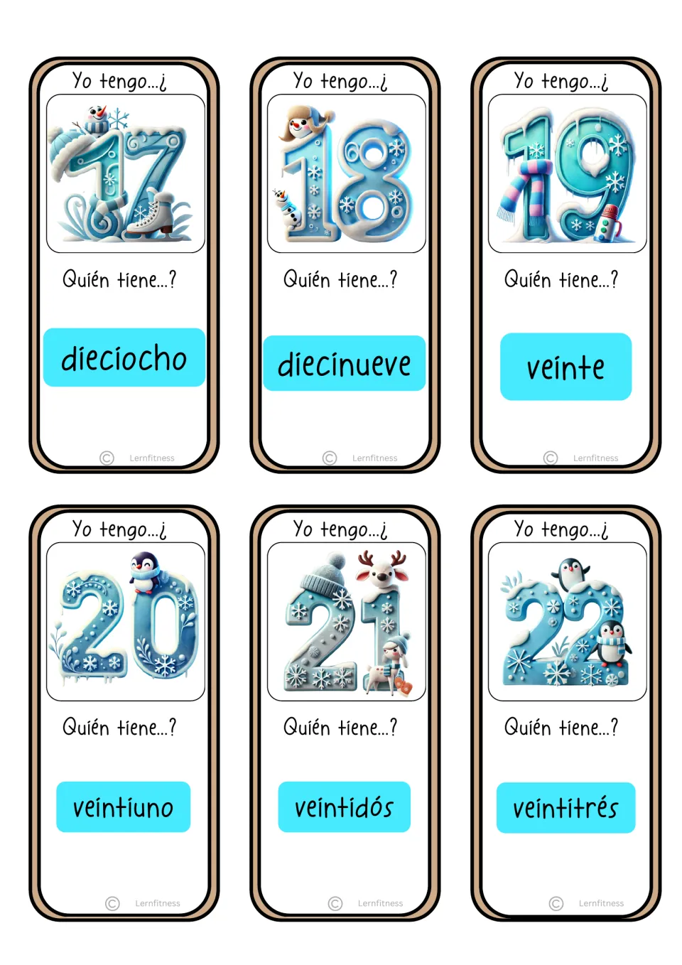 Game cards for numerals 17 to 22, asking for the words dieciocho, diecinueve, veinte, veintiuno, veintidós, veintitrés
