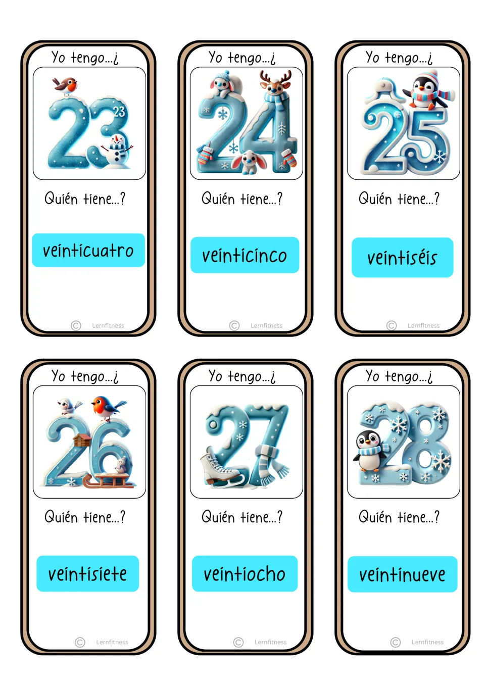 Game cards for numerals 23 to 28 with penguins, robins and skates, asking for veinticuatro through veintinueve