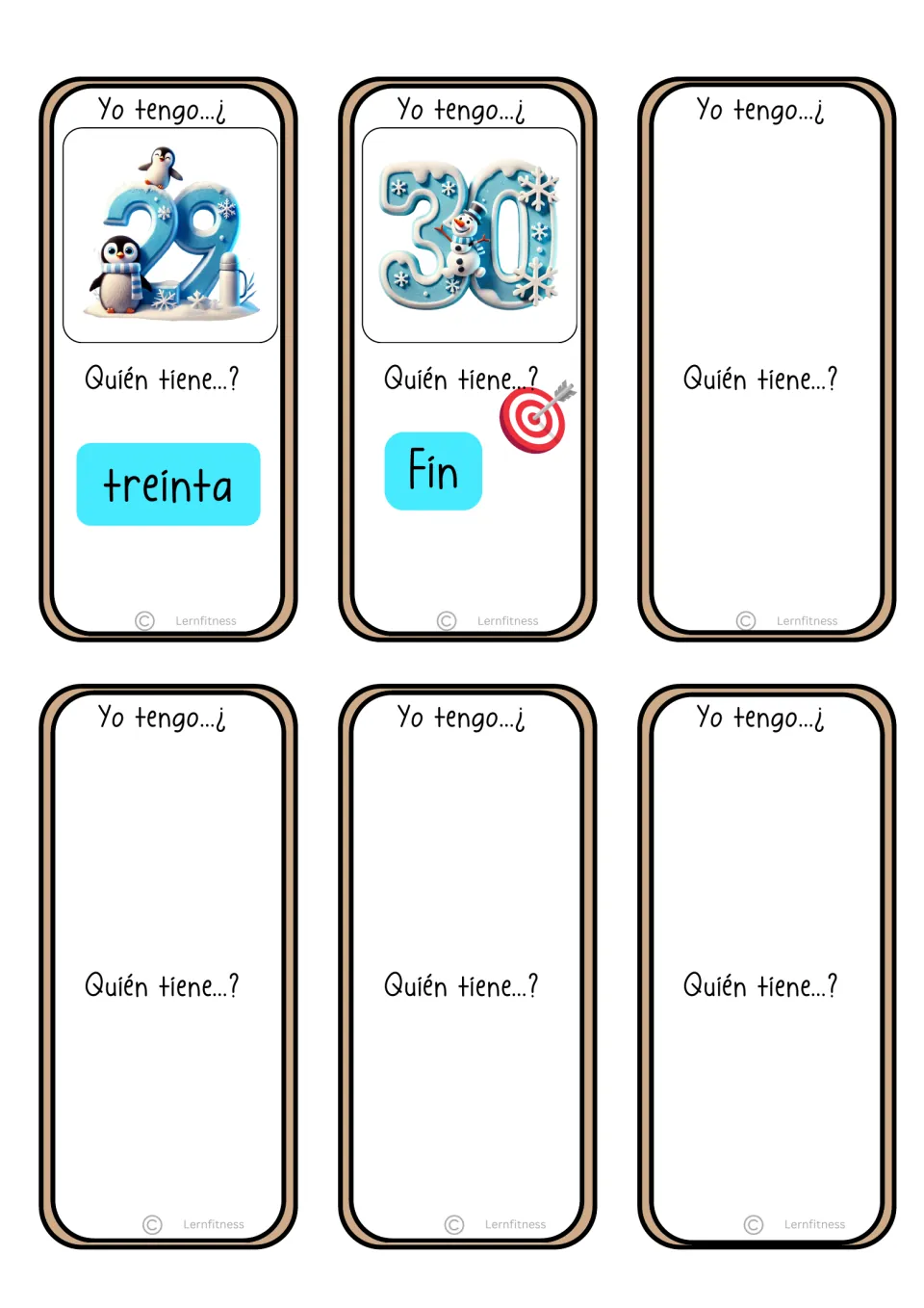 Final game cards: 29 asks for treinta, 30 ends the round with Fin, plus four blank Yo tengo cards to fill in