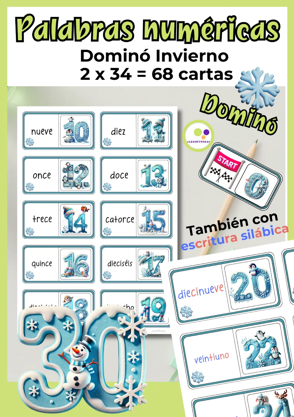 Cover: Palabras numéricas Dominó Invierno, 68 Spanish number-word cards 0 to 30, also offered in syllable-colored text