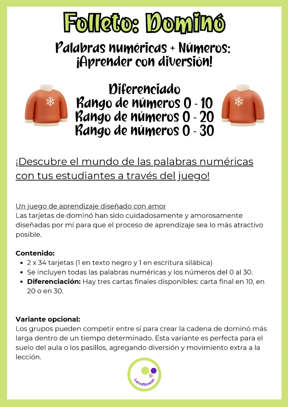 Spanish teacher handout on the number-word dominoes: contents, three end cards for ranges 0-10, 0-20, 0-30, team variant