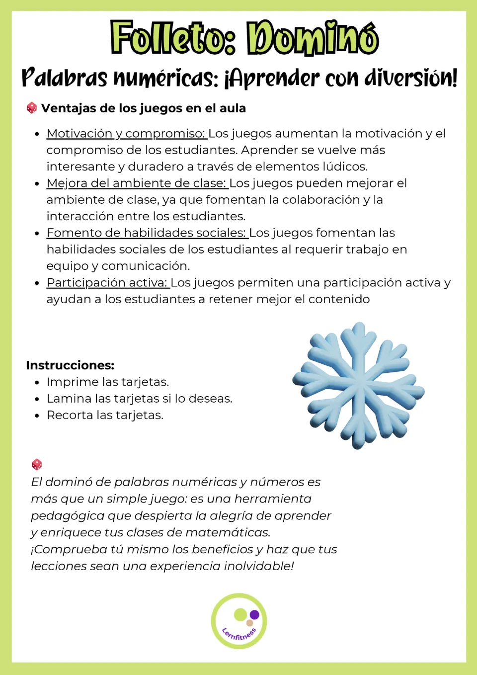 Spanish handout on using games in class, with setup steps for the dominoes: print the cards, laminate if wanted, cut out