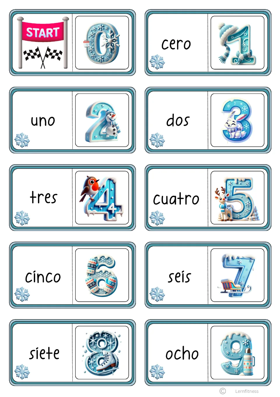 Domino cards 0 to 9 in black text: a START card, then each Spanish number word from cero to ocho beside the next numeral