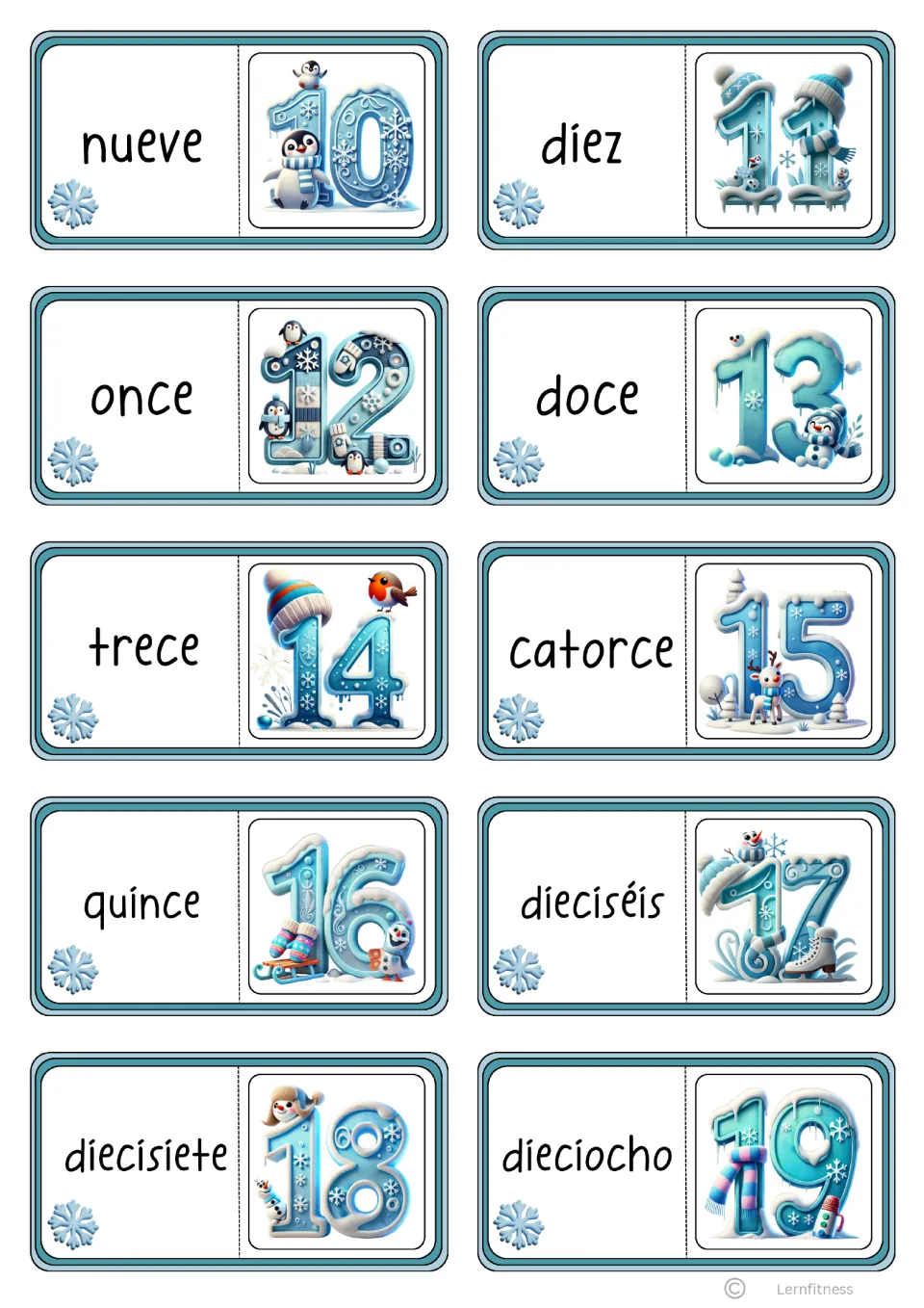 Spanish number words to numerals: black-text domino cards pairing nueve to dieciocho with winter-art numerals 10 to 19