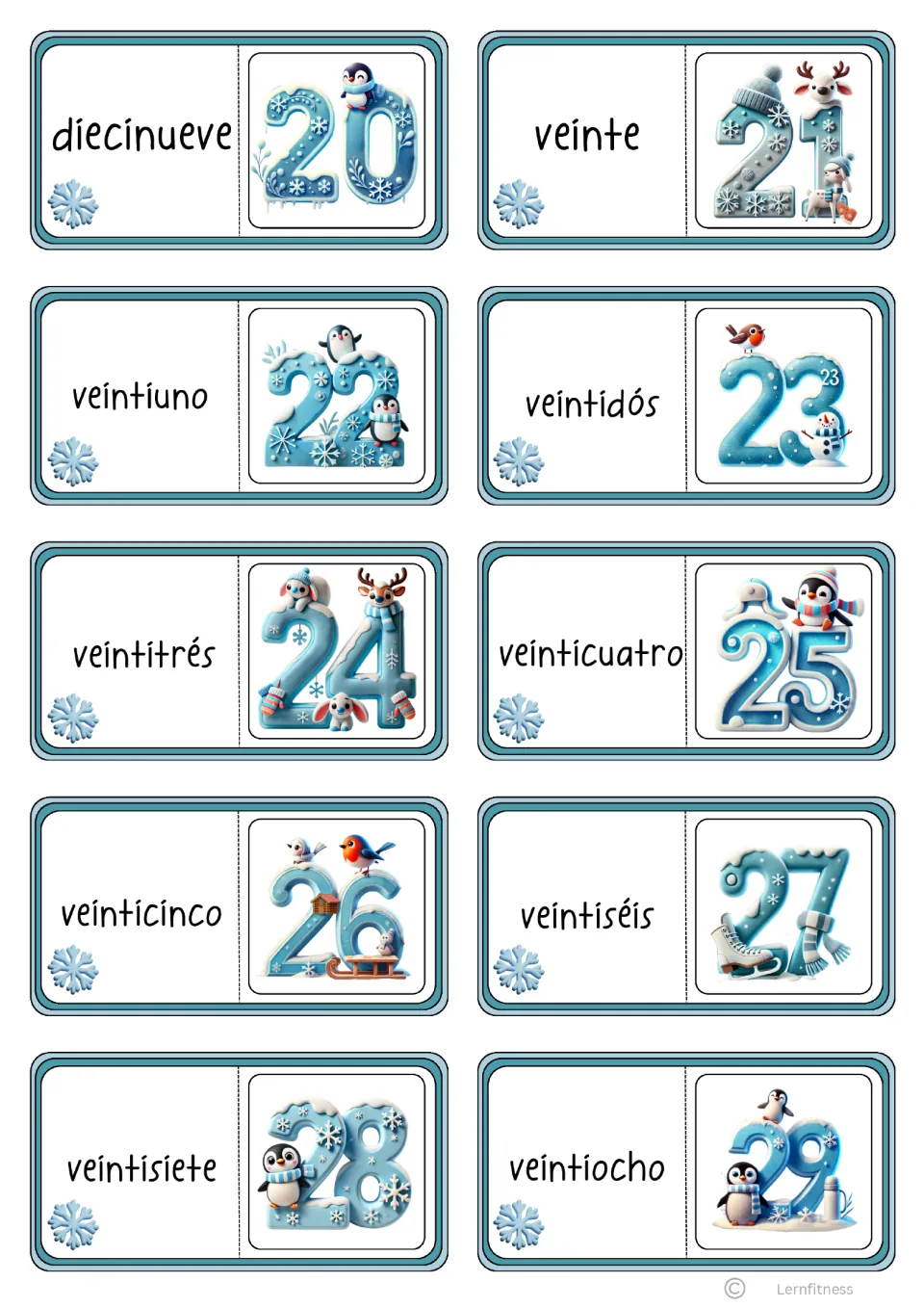 Domino cards in black text matching Spanish number words diecinueve to veintiocho with winter-themed numerals 20 to 29