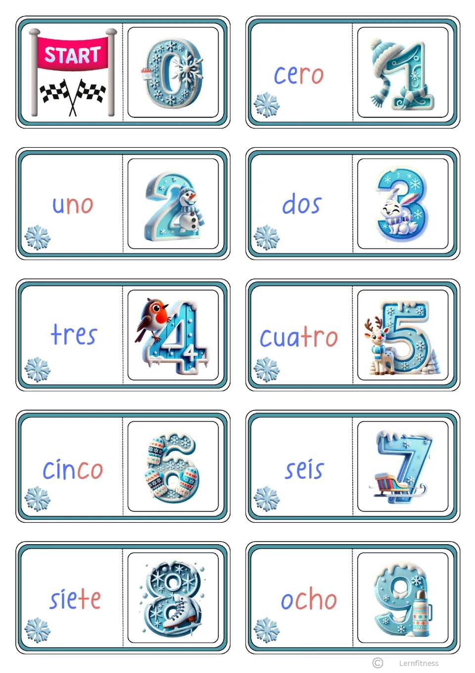 Syllable-colored domino cards 0 to 9: START card, then words cero to ocho in blue and red syllables beside numerals