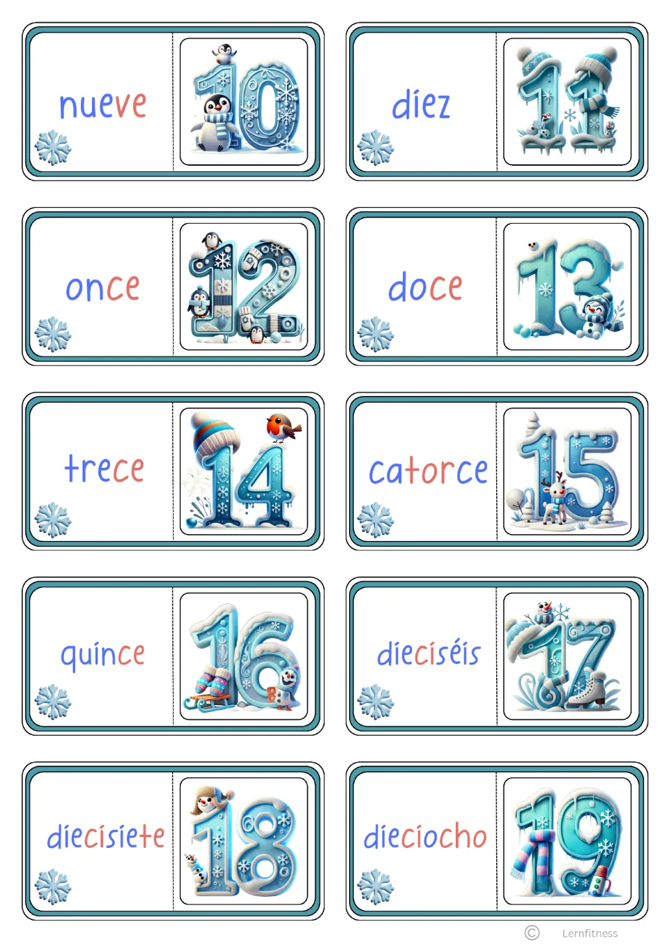 Syllable-colored teen domino cards: Spanish words nueve to dieciocho in blue and red syllables matched to numerals 10-19