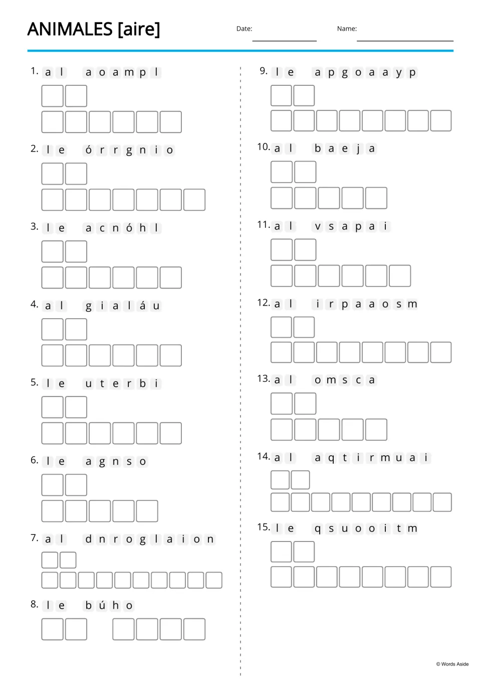 Spanish animal anagrams for 15 terms, including paloma (dove), gorrión (sparrow), and halcón (falcon)