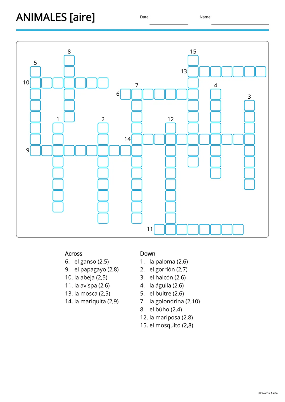 Spanish animal copy-word crossword using 15 terms, including ganso (goose), abeja (bee), and mosca (fly)