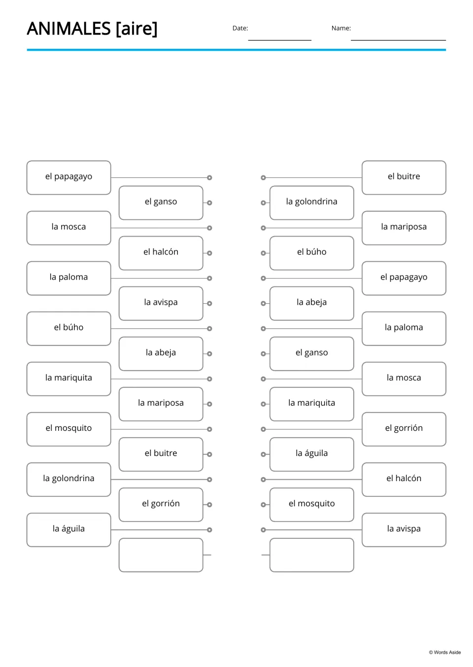 Spanish animal word-matching activity repeats 15 terms, including búho (owl) and mariposa (butterfly)