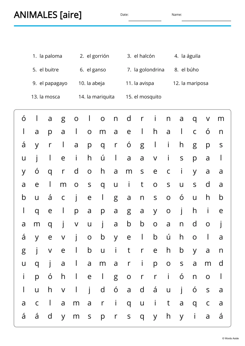 Spanish animal word search lists 15 terms to find, including golondrina (swallow) and mariquita (ladybug)