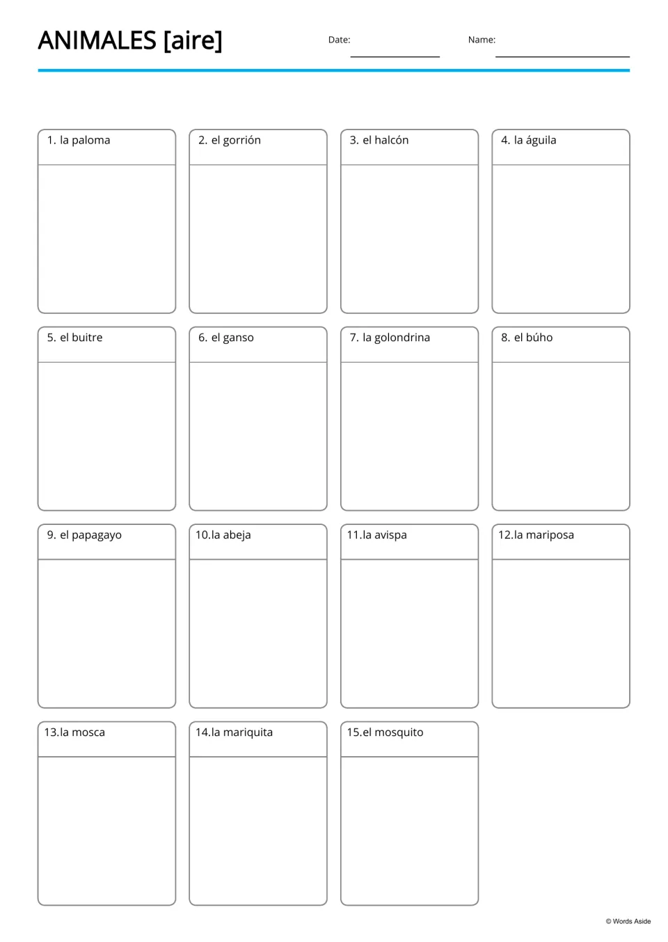 Blank writing boards labeled with 15 Spanish animal terms, including paloma (dove) and abeja (bee)