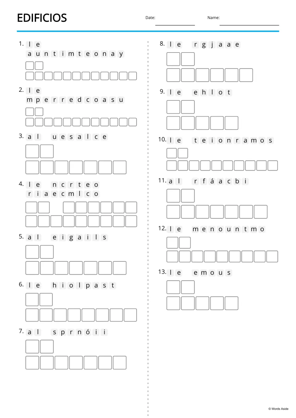 Edificios anagrams: students unscramble 13 Spanish building words such as el ayuntamiento and write each with its article