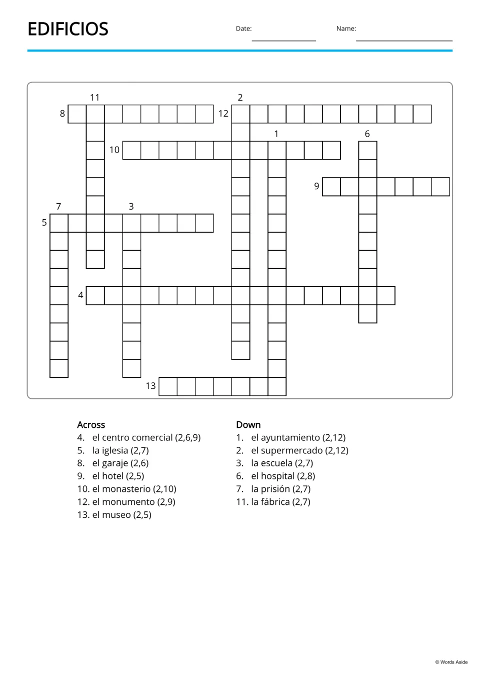 Edificios crossword: students fill in 13 Spanish building names from Across and Down clues such as la iglesia and el museo