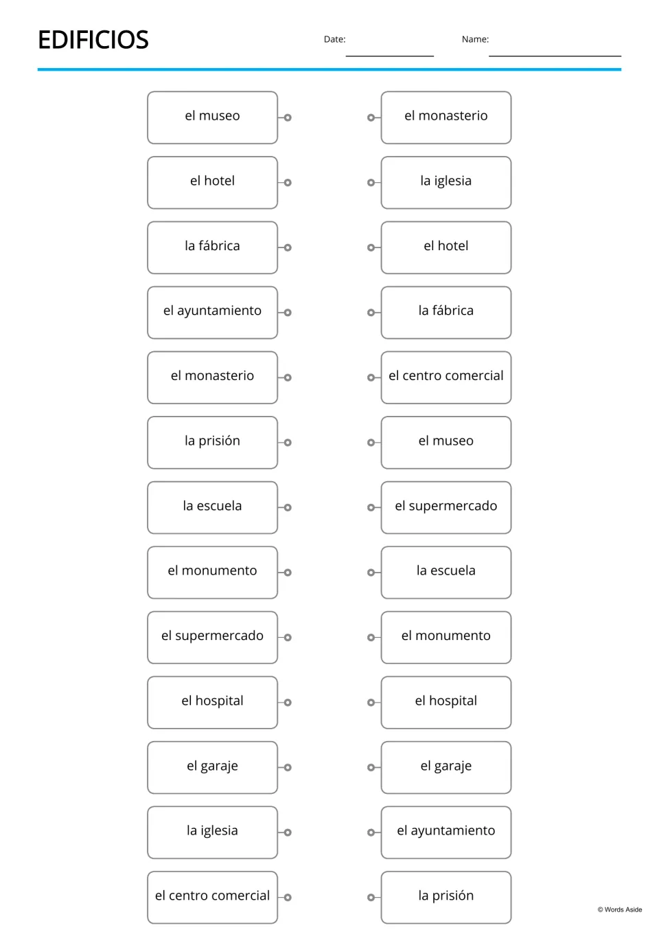 Edificios matching: students draw lines between identical Spanish building words, pairing el museo, el hotel and 11 more
