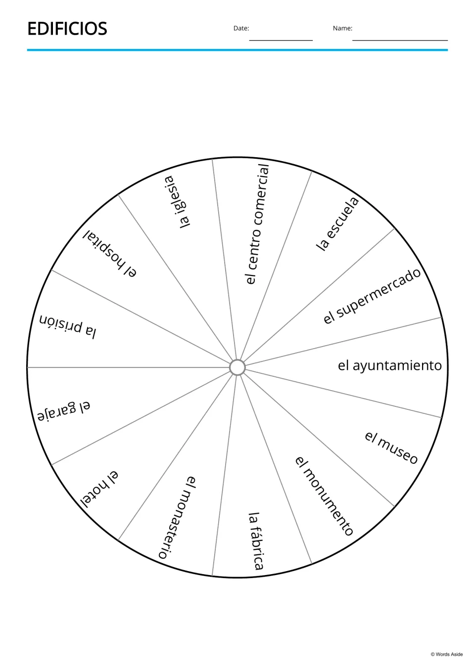 Edificios spinner wheel: 13 segments each name a Spanish building, such as la escuela, el museo and el hospital