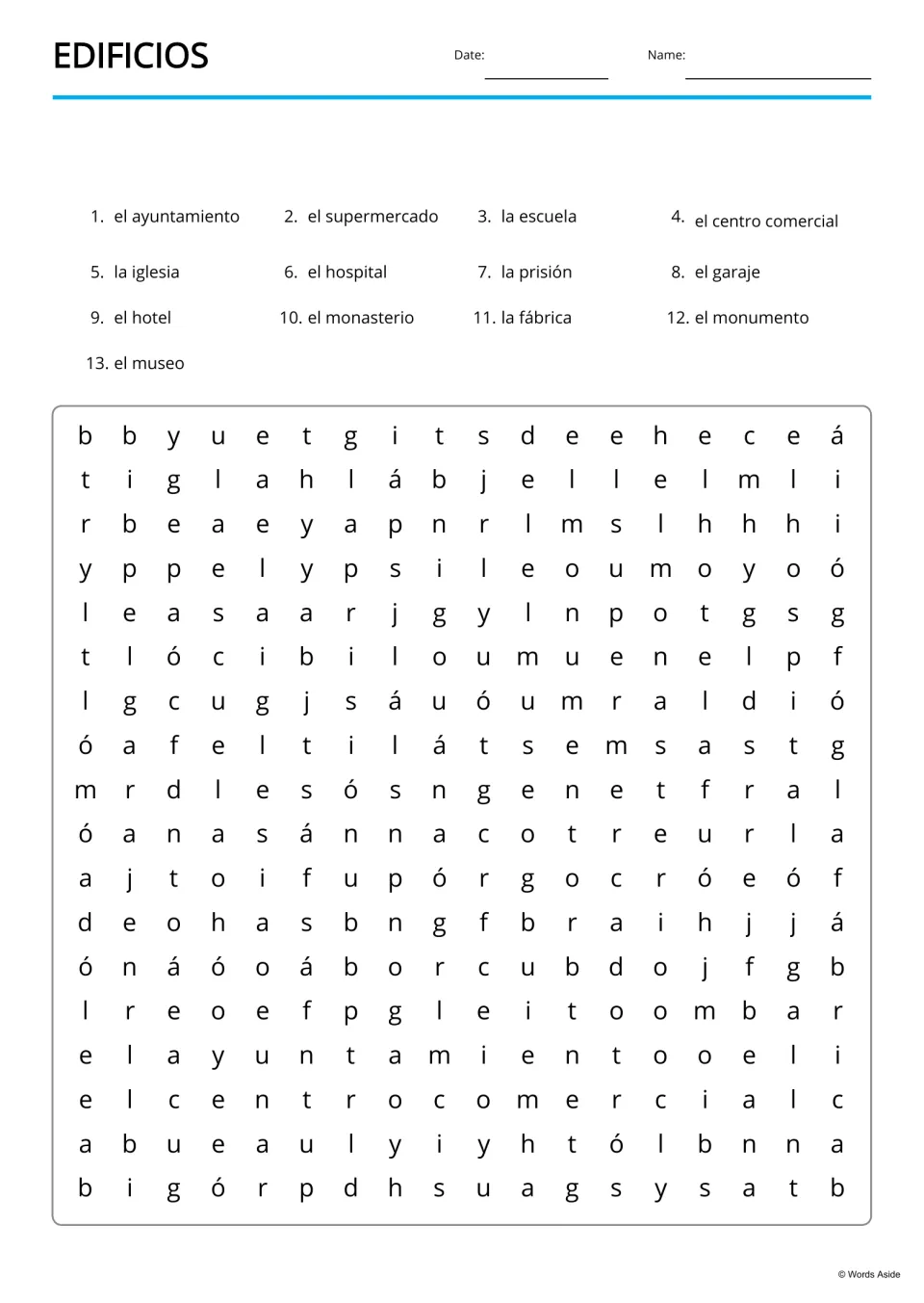 Edificios word search: students find 13 hidden Spanish building words, including el ayuntamiento and el supermercado