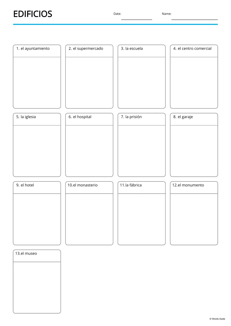 Edificios drawing page: students sketch each of 13 Spanish buildings under its label, from el ayuntamiento to el museo