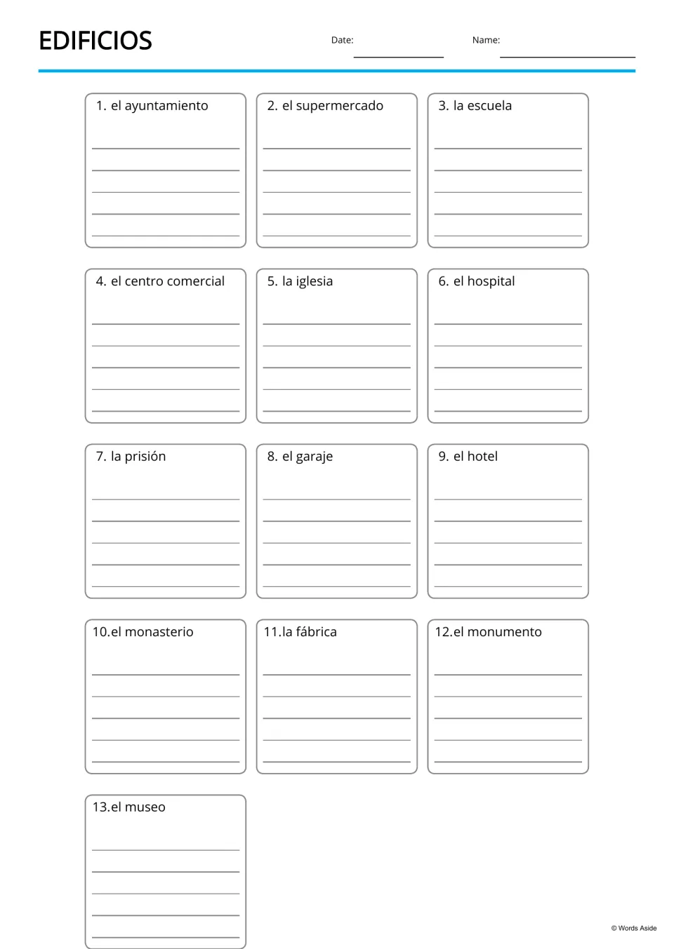 Edificios writing page: students write under each of 13 Spanish building words, such as la prisión and el garaje