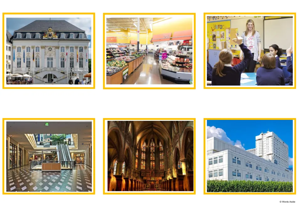 Building photo cards: a town hall, a supermarket, a classroom with a teacher, a shopping mall, a church and a hospital