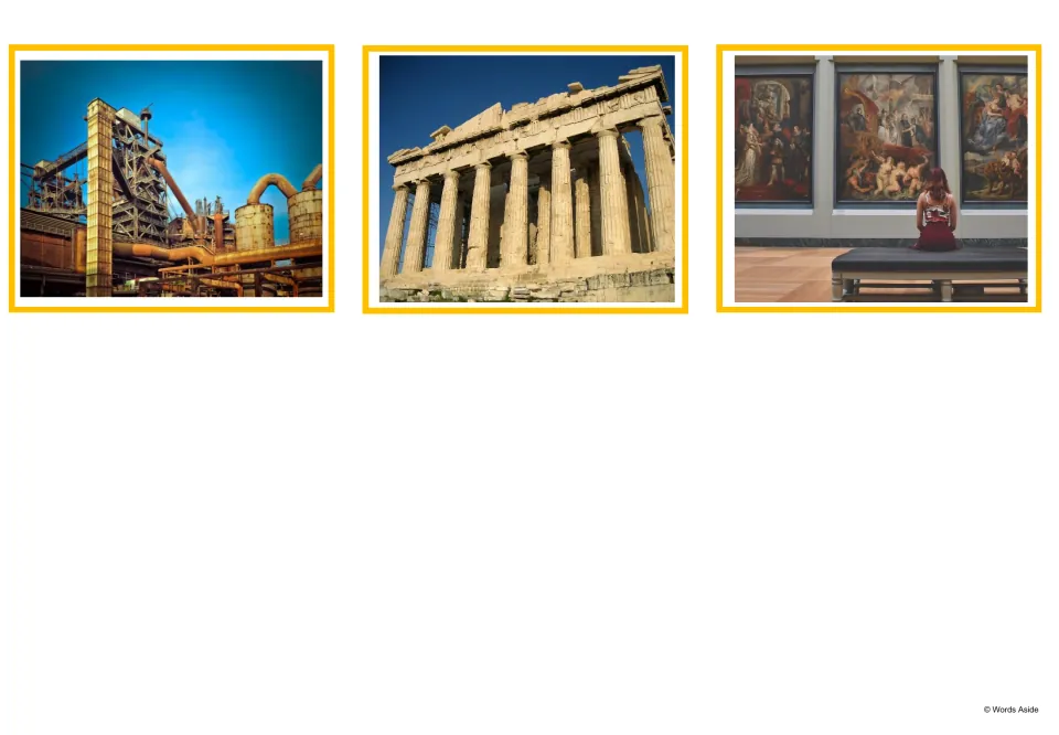 More photo cards: a factory with pipes, a columned ancient Greek temple and a museum gallery of paintings