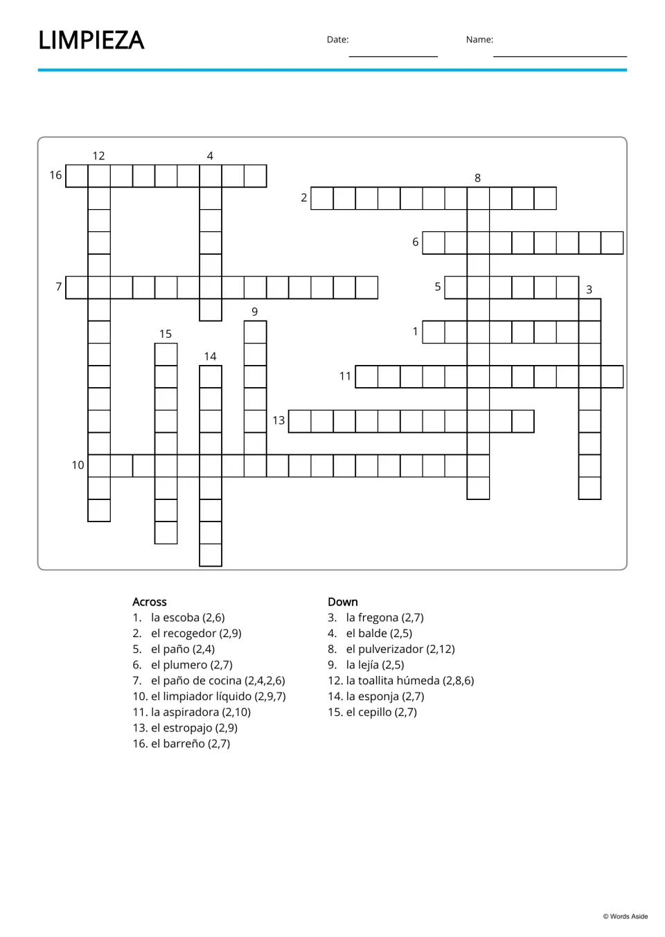 Spanish cleaning vocabulary crossword using 16 supplied terms, including la fregona (mop) and el balde (bucket)