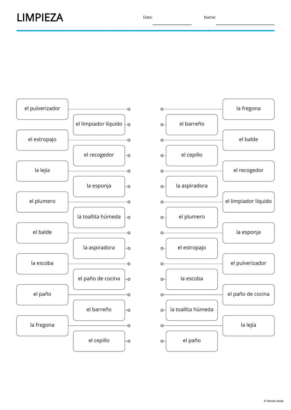 Spanish cleaning word matching activity repeating 16 terms, including la lejía (bleach) and la esponja (sponge)