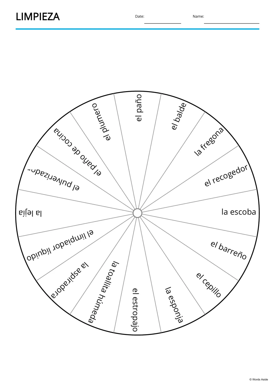 Spanish cleaning vocabulary wheel featuring 16 terms, including el plumero (duster) and el cepillo (brush)