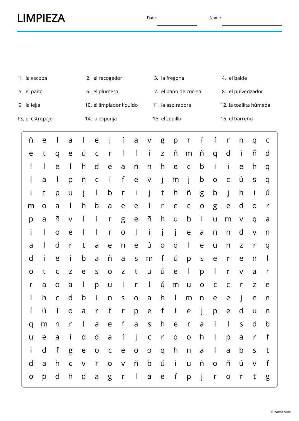 Spanish cleaning word search for 16 listed terms, including la aspiradora (vacuum) and el paño (cloth)