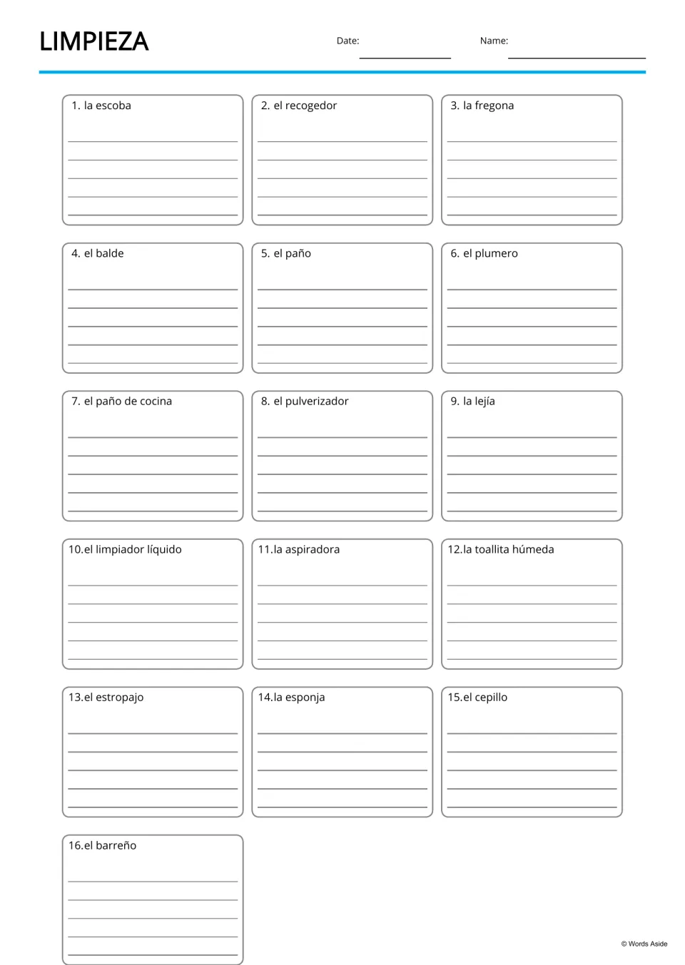 Spanish handwriting practice for 16 cleaning terms, including el recogedor (dustpan) and la fregona (mop)
