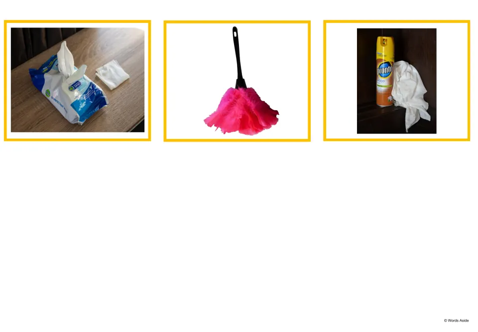 Cleaning photo flashcards 13–15 show a packet of wipes, a pink duster, and furniture polish beside a cloth
