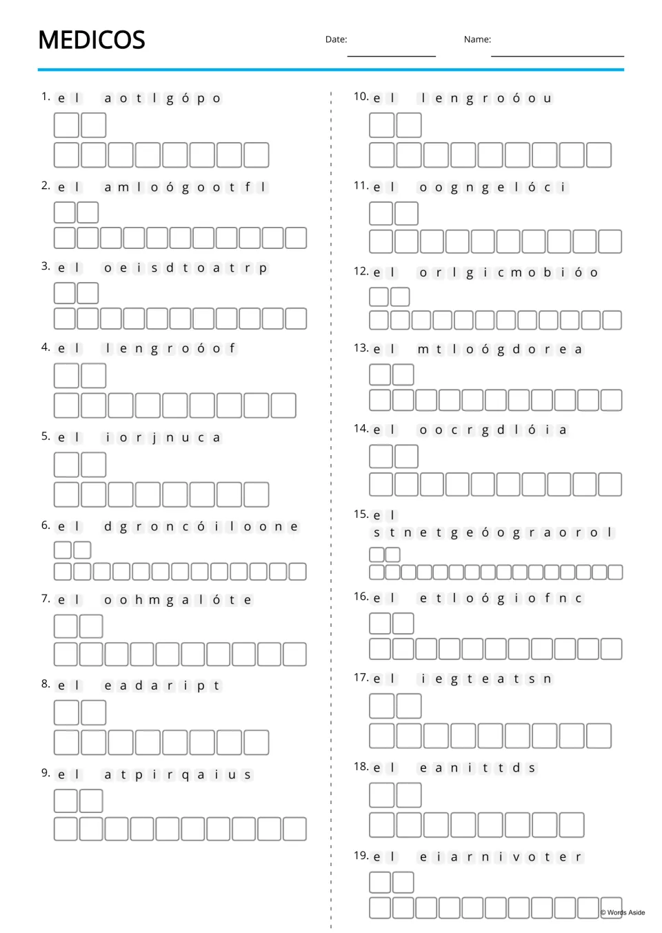 Spanish medical vocabulary anagram activity with 19 scrambled terms, including el cirujano (surgeon)