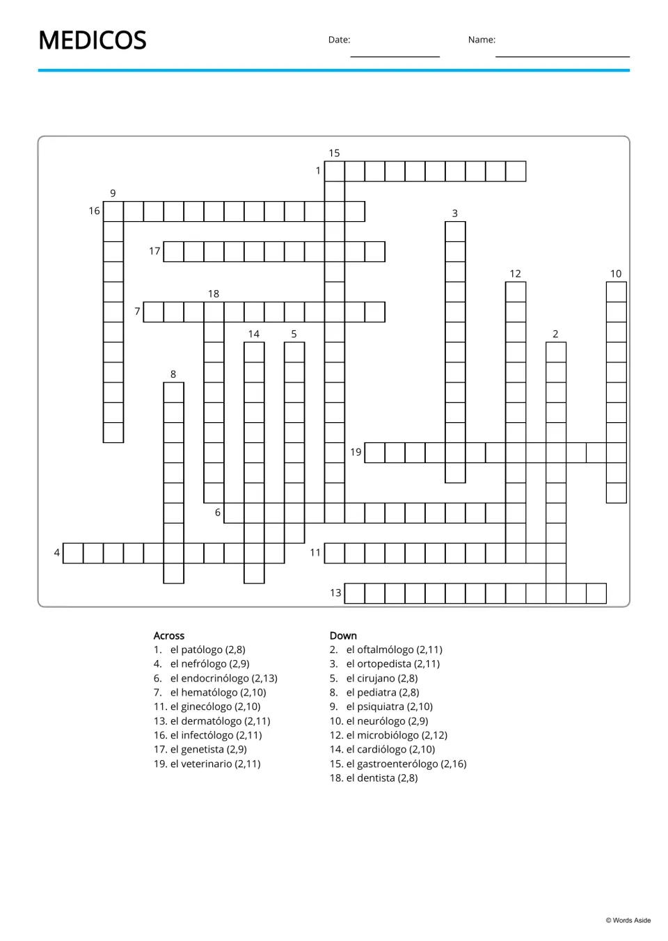 Spanish medical vocabulary copy-word crossword using 19 terms, including el pediatra (pediatrician)