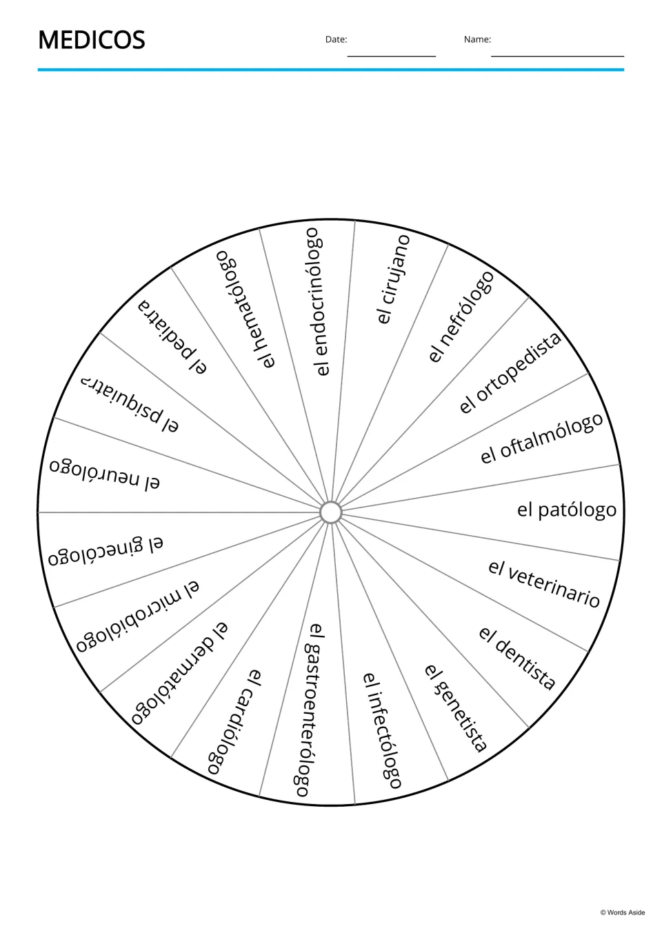Spanish medical vocabulary reference wheel with 19 terms, including el cardiólogo (cardiologist)