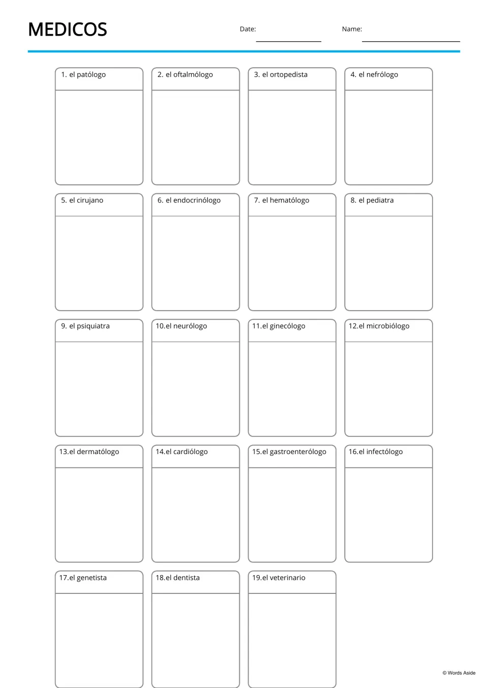 Spanish medical vocabulary blank practice spaces labeled with 19 terms, including el patólogo (pathologist)