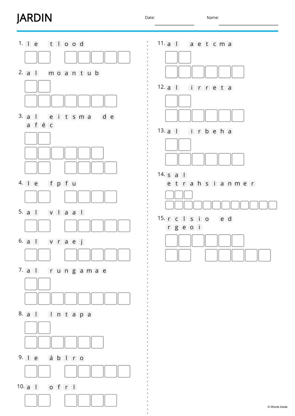 Spanish garden words anagram: students unscramble 15 jumbled words like el toldo and la manguera into letter spaces